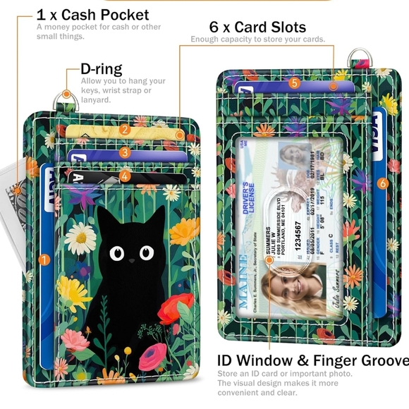 Floral Cat Card Holder with ID Window - Picture 2 of 4
